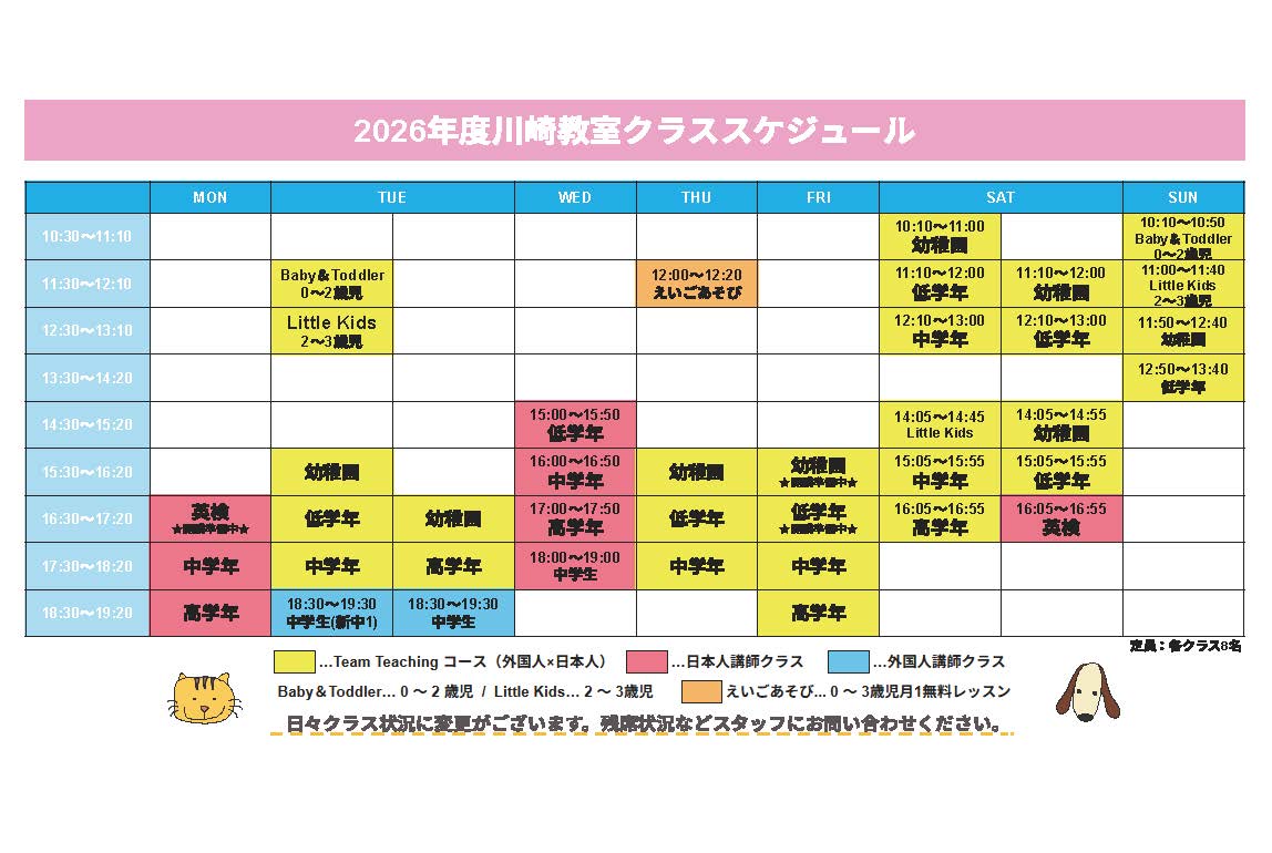 川崎教室の時間割表のイメージ