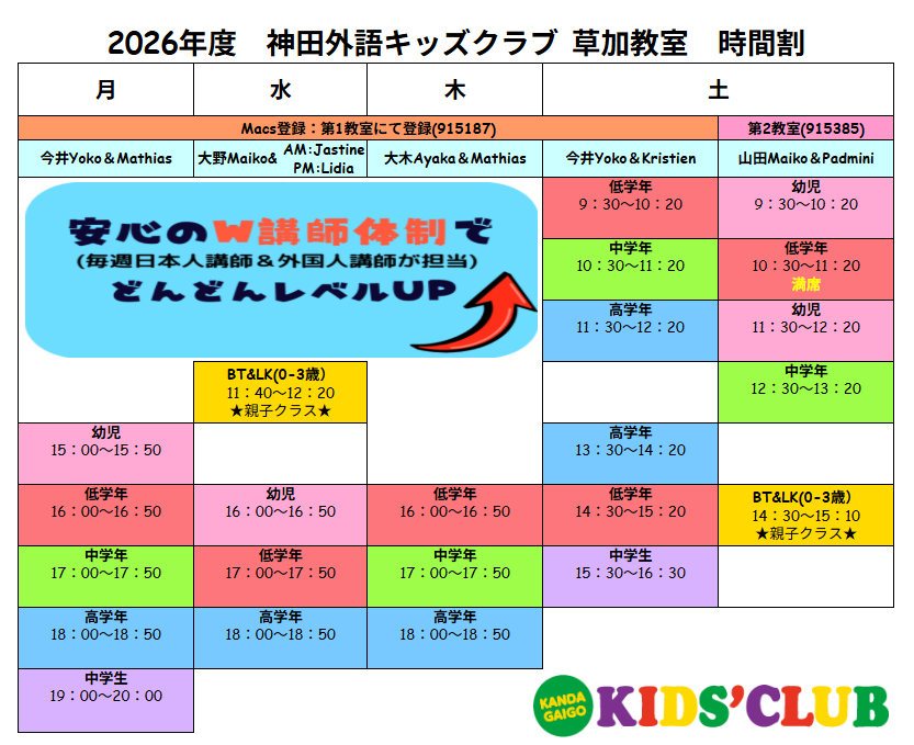 草加教室の時間割表のイメージ